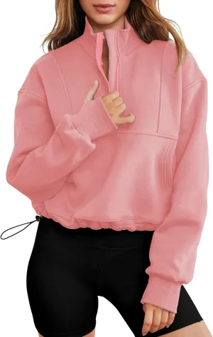 LOMON Women's Sweatshirts Fleece Lined Half Zip Pullover Long Sleeve Workout Crop Tops with Pockect and Thumb Hole
