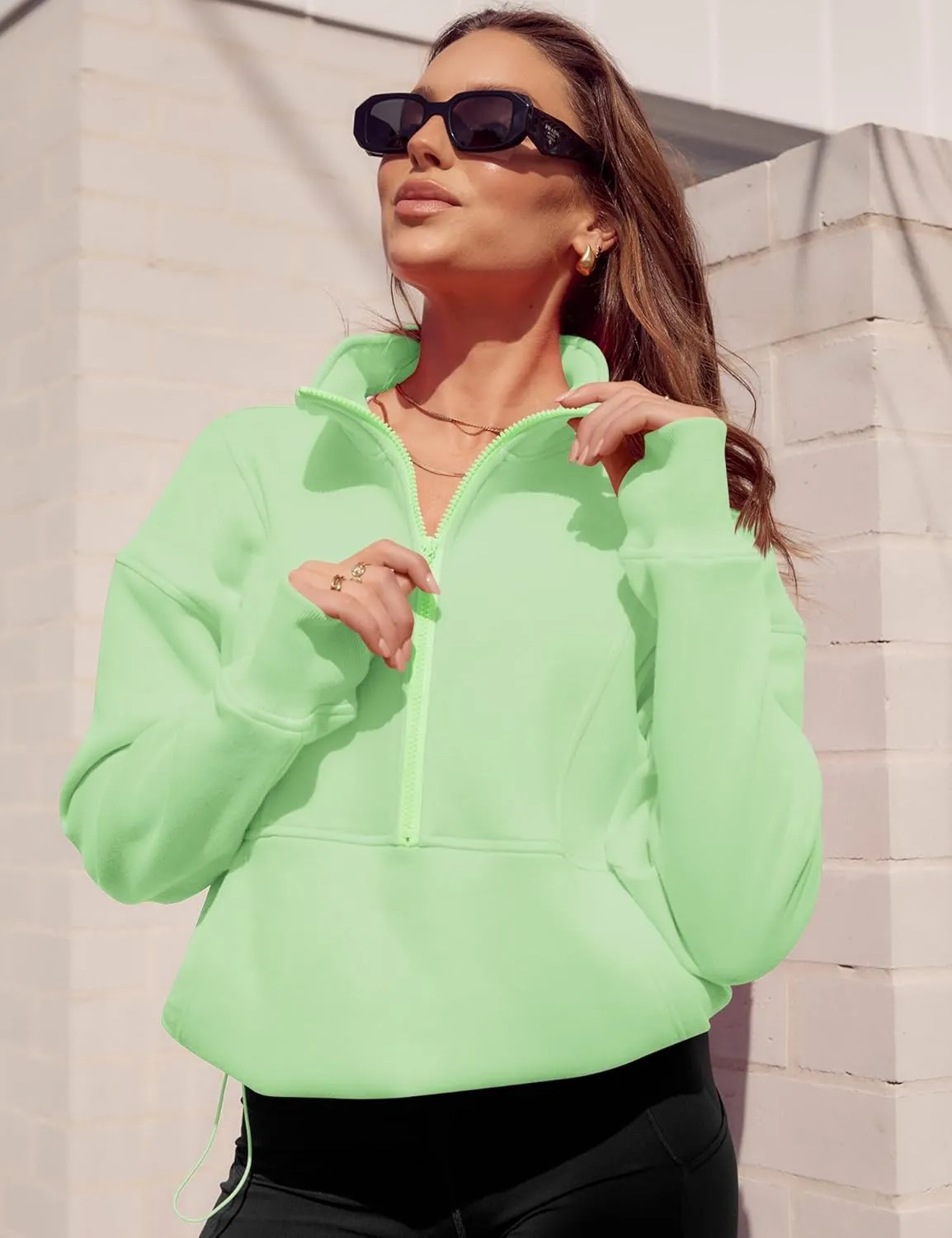 LOMON Women's Sweatshirts Fleece Lined Half Zip Pullover Long Sleeve Workout Crop Tops with Pockect and Thumb Hole