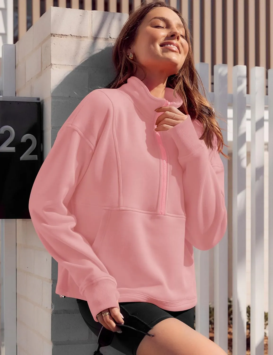 LOMON Women's Sweatshirts Fleece Lined Half Zip Pullover Long Sleeve Workout Crop Tops with Pockect and Thumb Hole