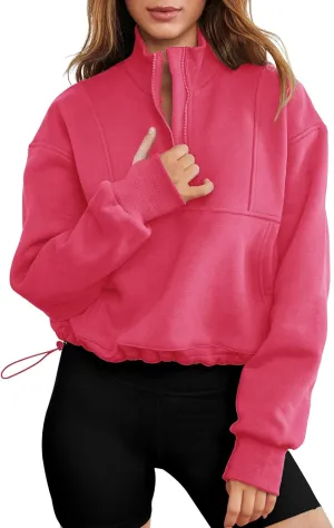 LOMON Women's Sweatshirts Fleece Lined Half Zip Pullover Long Sleeve Workout Crop Tops with Pockect and Thumb Hole