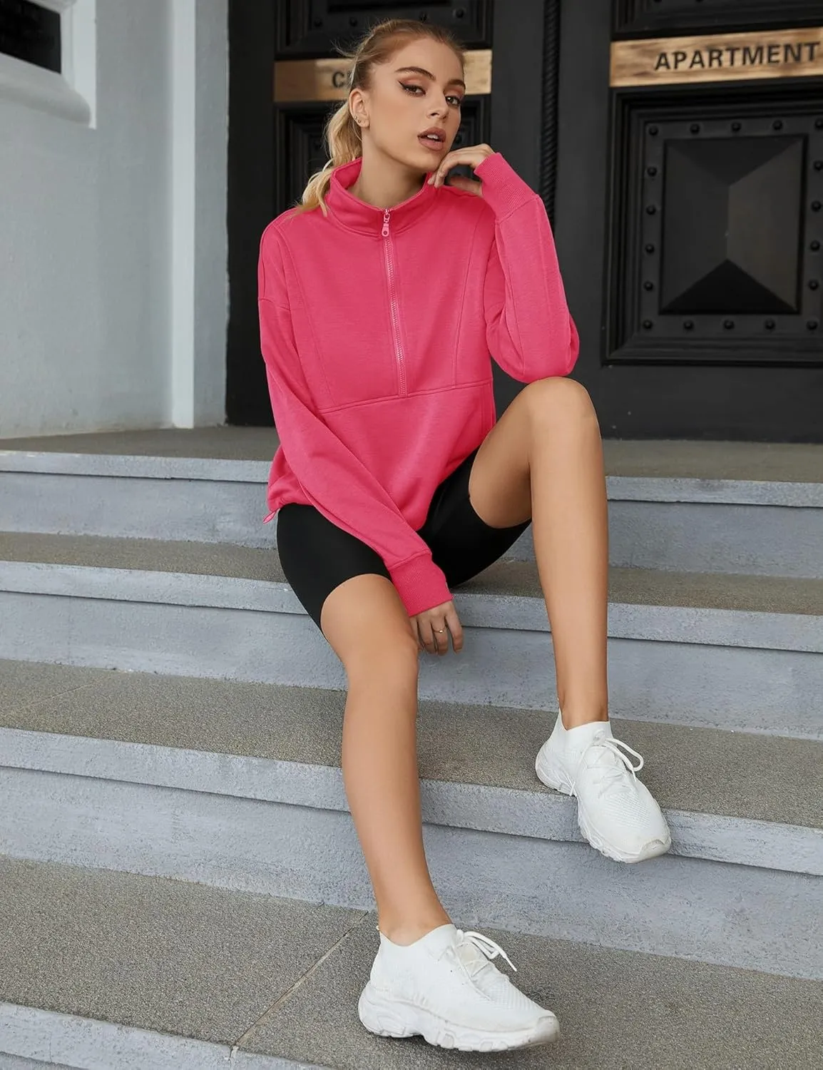 LOMON Women's Sweatshirts Fleece Lined Half Zip Pullover Long Sleeve Workout Crop Tops with Pockect and Thumb Hole