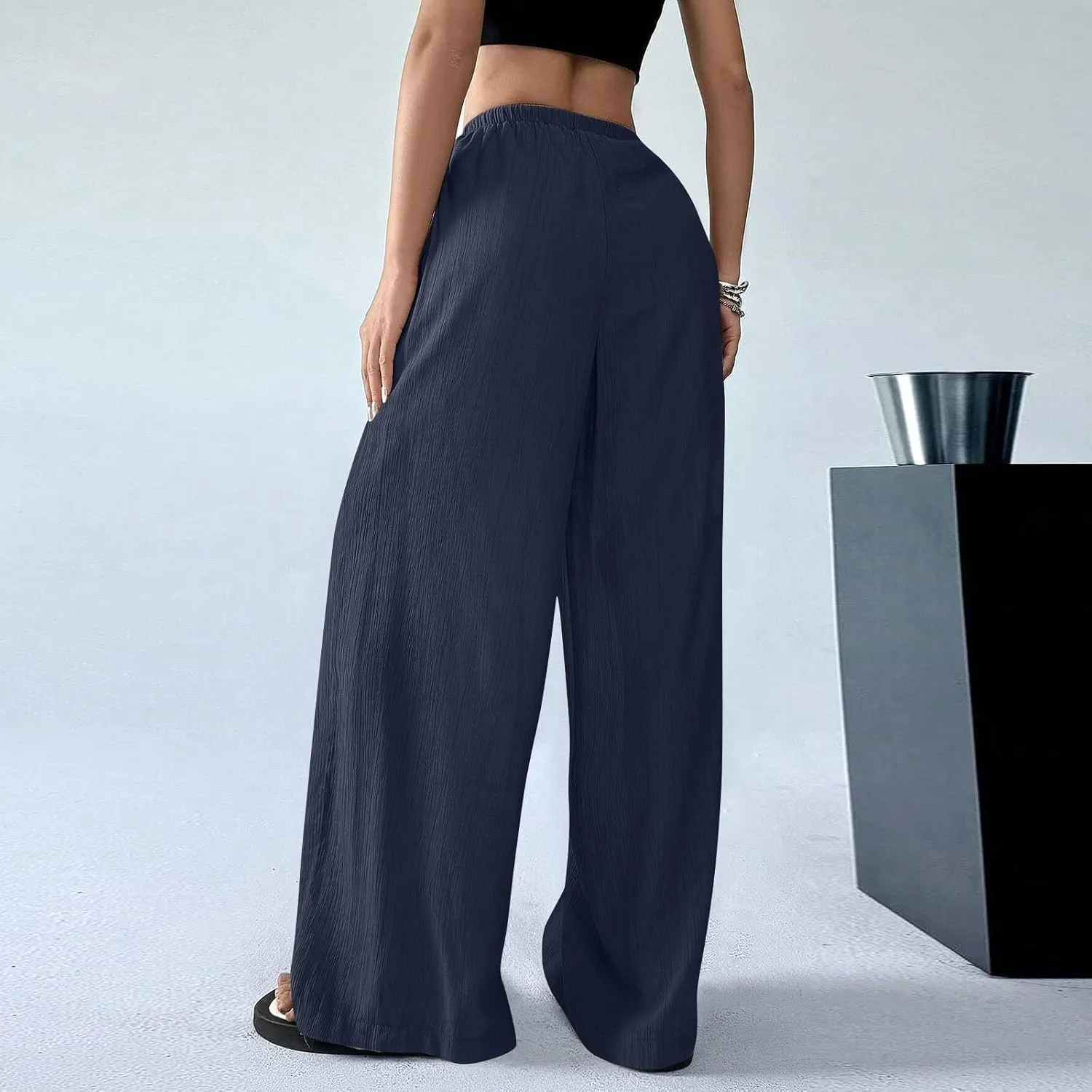 Lounge Pants Women Beach Elastic Waist Drawstring Sumemr Pants Straight Wide Leg High Waisted Pockets Comfy Trousers