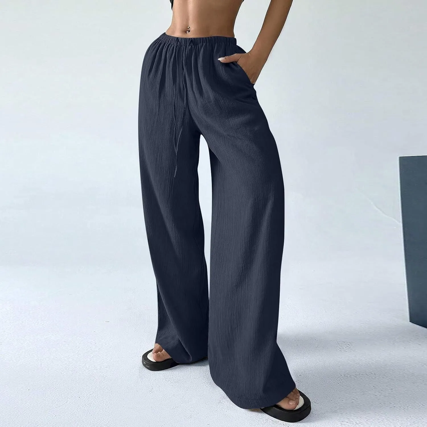 Lounge Pants Women Beach Elastic Waist Drawstring Sumemr Pants Straight Wide Leg High Waisted Pockets Comfy Trousers