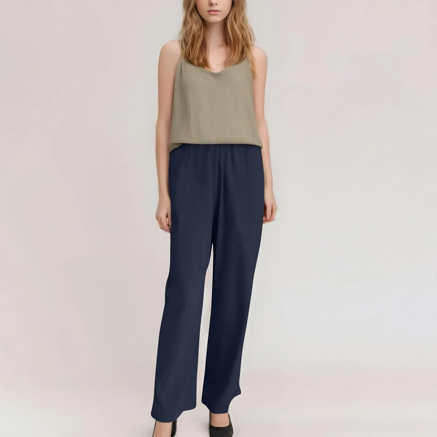 Lounge Pants Women Beach Elastic Waist Drawstring Sumemr Pants Straight Wide Leg High Waisted Pockets Comfy Trousers