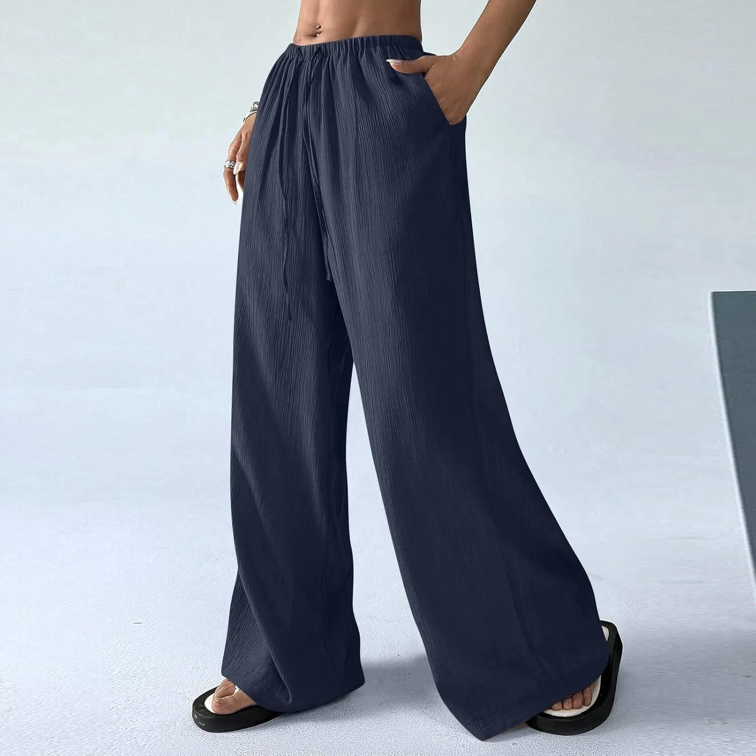 Lounge Pants Women Beach Elastic Waist Drawstring Sumemr Pants Straight Wide Leg High Waisted Pockets Comfy Trousers
