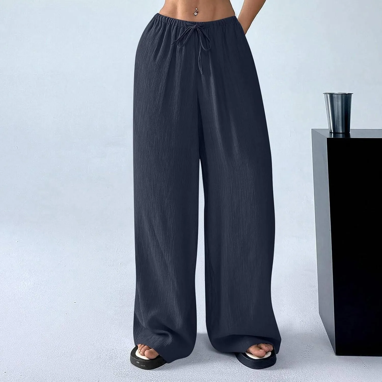 Lounge Pants Women Beach Elastic Waist Drawstring Sumemr Pants Straight Wide Leg High Waisted Pockets Comfy Trousers