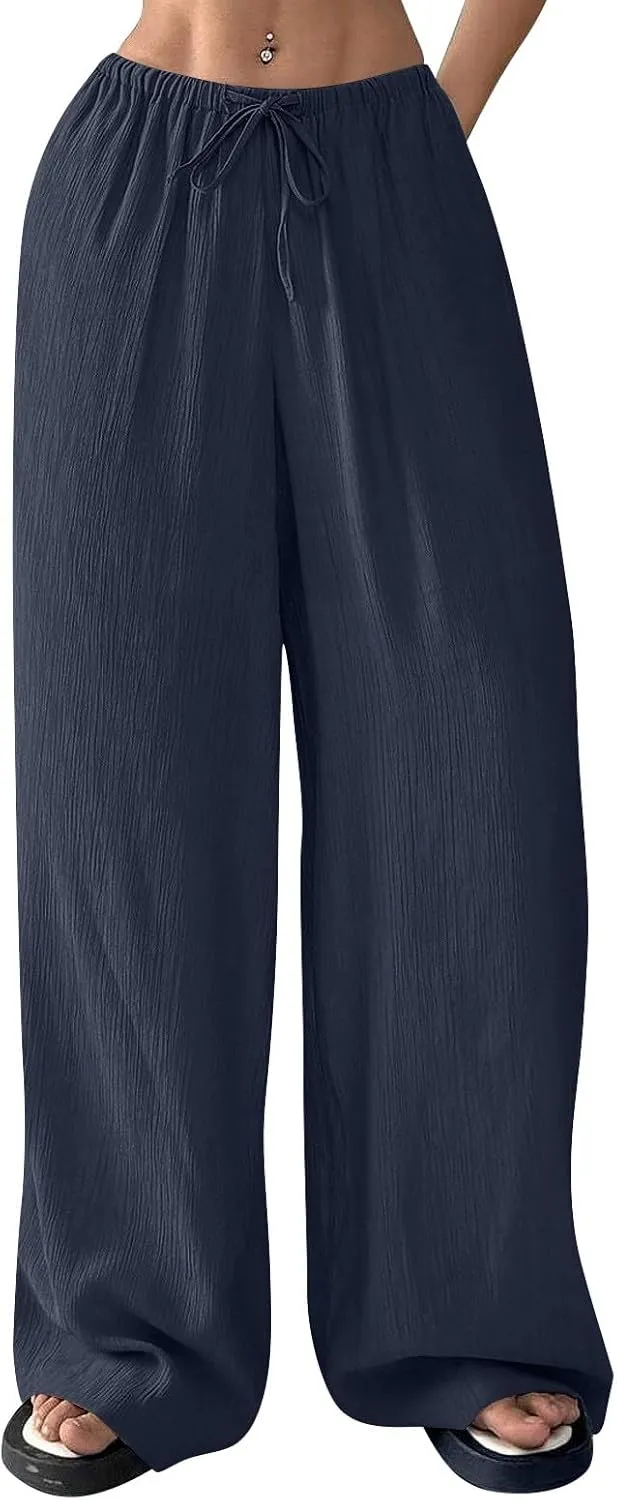 Lounge Pants Women Beach Elastic Waist Drawstring Sumemr Pants Straight Wide Leg High Waisted Pockets Comfy Trousers