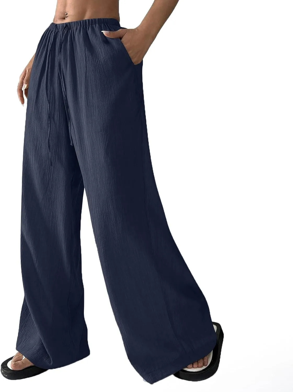 Lounge Pants Women Beach Elastic Waist Drawstring Sumemr Pants Straight Wide Leg High Waisted Pockets Comfy Trousers