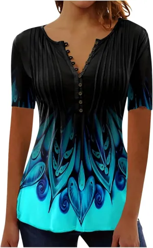 LRMQS Short Sleeve Summer Tops for Women 2024 Vacation Trendy Loose Fit Boho V Neck Tunic Blouse Casual Floral Shirt Clothing