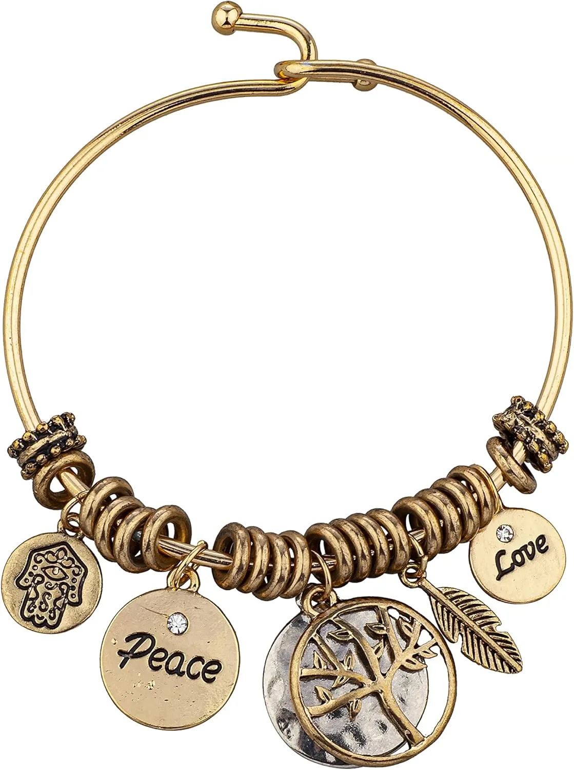LUX ACCESSORIES Gold Round Pendants Hamsa Peace Love Tree of Life Feather Bohemian Bangle Bracelet
