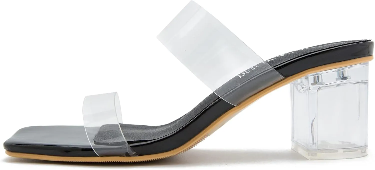 MAIERNISI JESSI Clear Heels for Women Transparent Two Strap Chunky Heel Square Toe Sandals