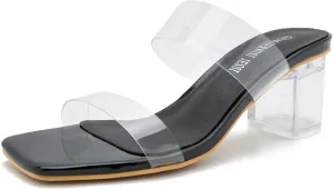 MAIERNISI JESSI Clear Heels for Women Transparent Two Strap Chunky Heel Square Toe Sandals