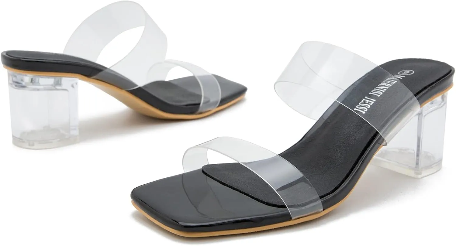 MAIERNISI JESSI Clear Heels for Women Transparent Two Strap Chunky Heel Square Toe Sandals