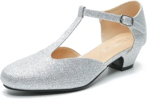 MAIERNISI JESSI Women's T-Strap Low Chunky Heel Mary Jane Pumps Cut Out Wedding Dress Shoes