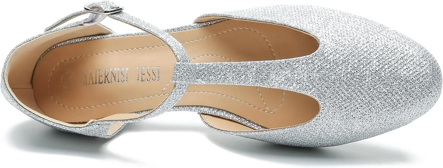 MAIERNISI JESSI Women's T-Strap Low Chunky Heel Mary Jane Pumps Cut Out Wedding Dress Shoes