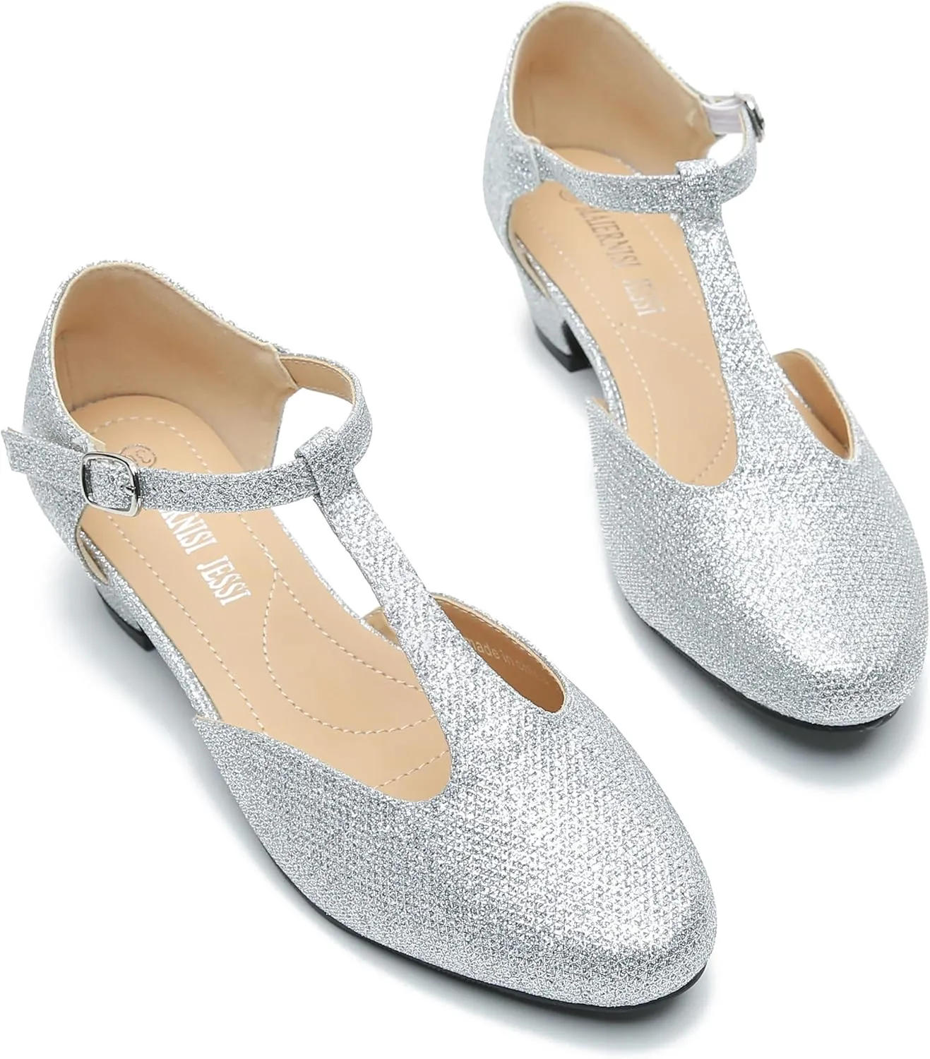 MAIERNISI JESSI Women's T-Strap Low Chunky Heel Mary Jane Pumps Cut Out Wedding Dress Shoes