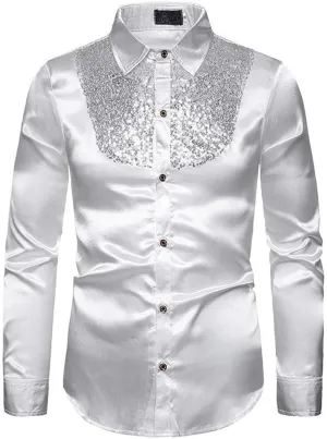 Mardi Gras Shirt for Men Fashion Long Sleeve Button Down Sequin T-Shirt Regular Fit Lapel Neck Nightclub Performance Clothing