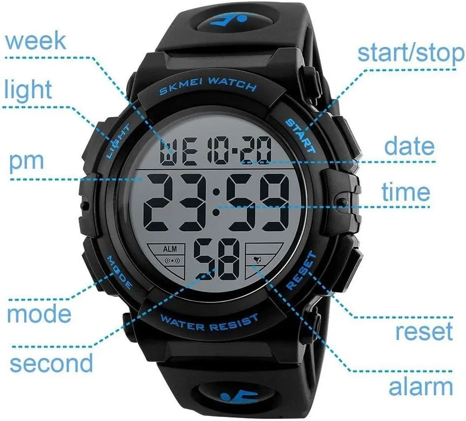 MASTOP Men Digital Watch Big Dial Chronograph Outdoor Sports 50M Water Resistant Multifunctional Wristwatches