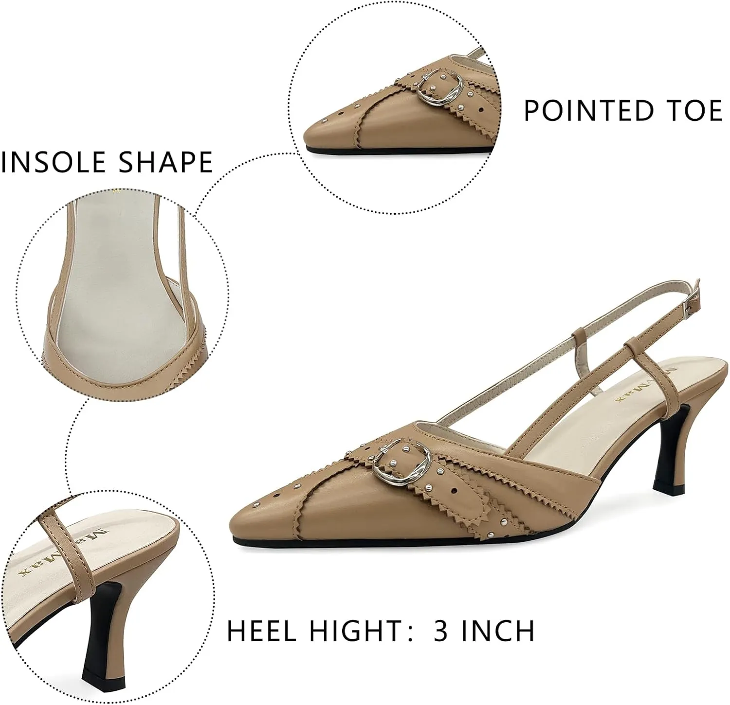 MAVMAX Slingback Heels for Women Studded Pointed Toe Kitten Heels Pumps Buckle Stiletto Backless Heeled Sandals Wedding Party Dress Shoes