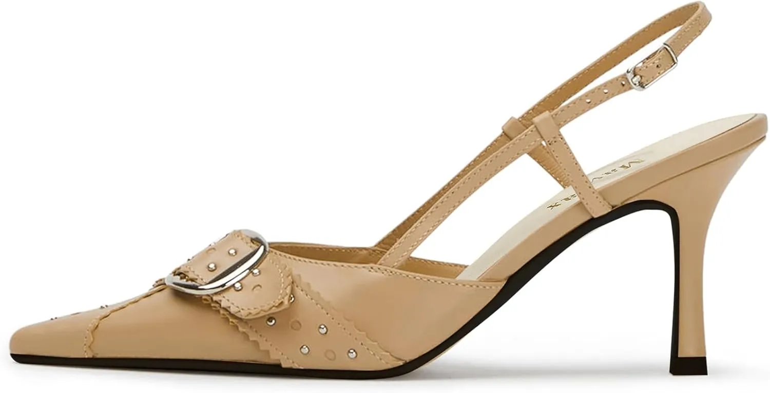 MAVMAX Slingback Heels for Women Studded Pointed Toe Kitten Heels Pumps Buckle Stiletto Backless Heeled Sandals Wedding Party Dress Shoes