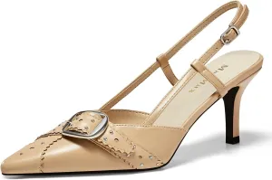 MAVMAX Slingback Heels for Women Studded Pointed Toe Kitten Heels Pumps Buckle Stiletto Backless Heeled Sandals Wedding Party Dress Shoes