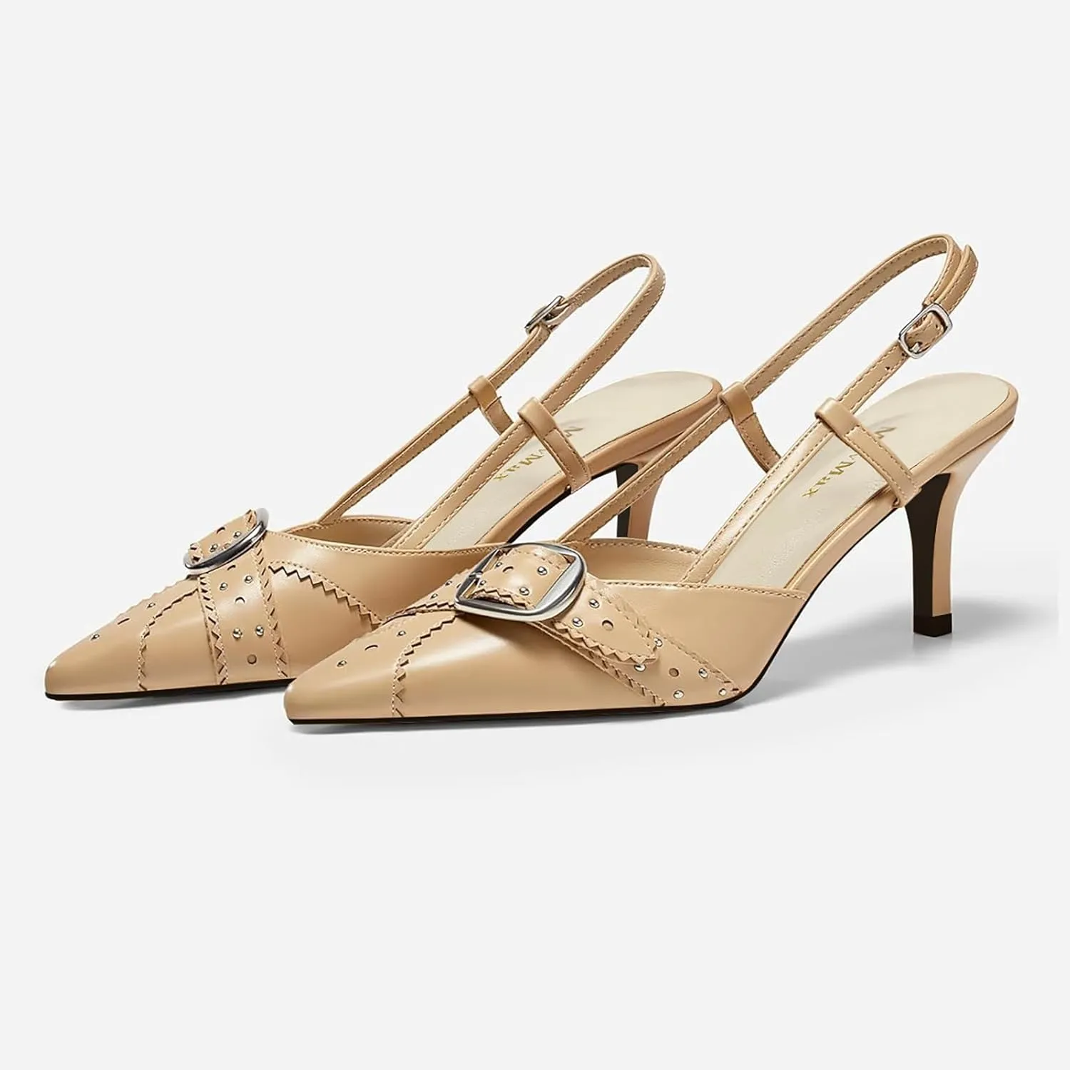 MAVMAX Slingback Heels for Women Studded Pointed Toe Kitten Heels Pumps Buckle Stiletto Backless Heeled Sandals Wedding Party Dress Shoes