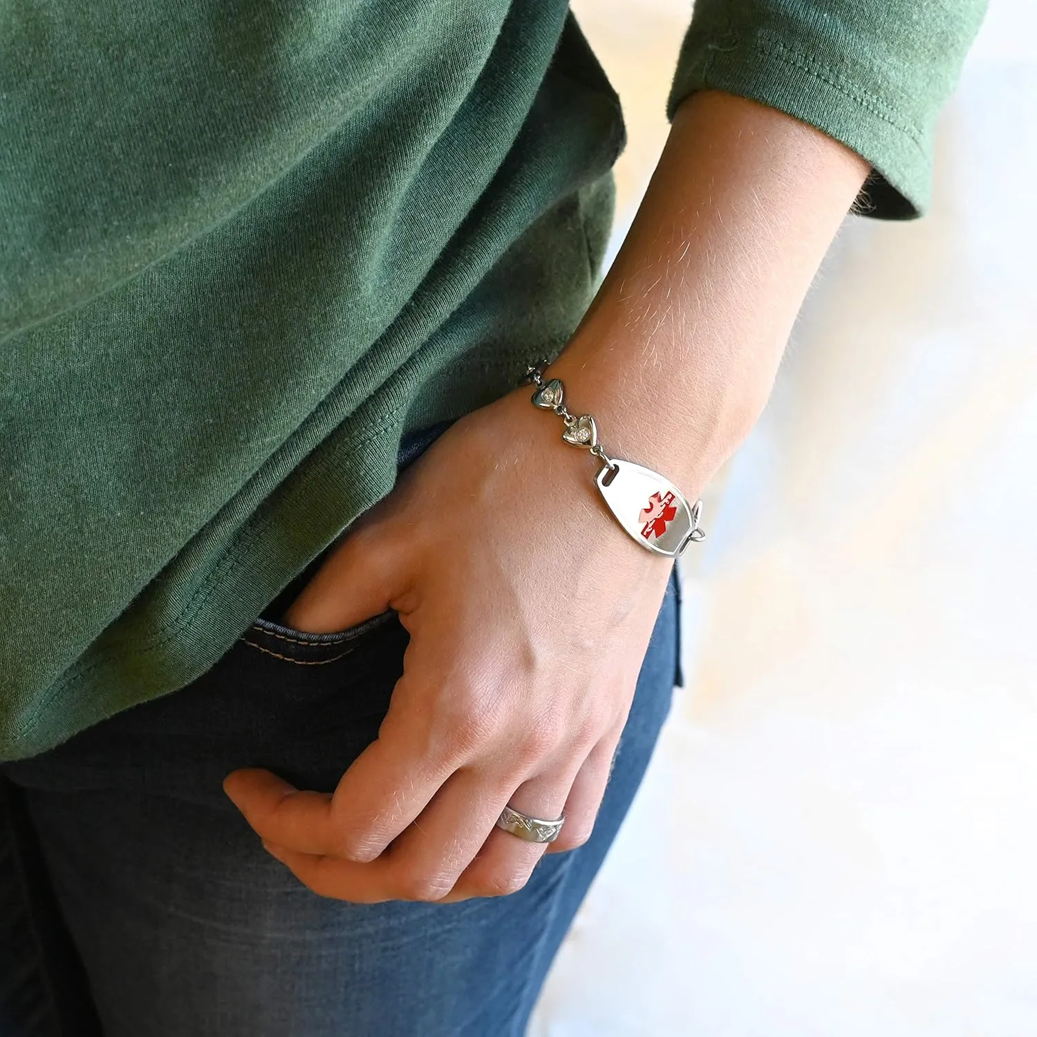 Medical Alert Bracelet for Women with Free Custom Engraving, Steel Heart-Link Chain CZ Stone, Medic ID | Made in USA
