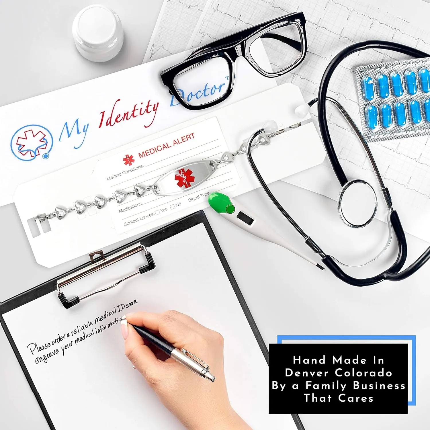 Medical Alert Bracelet for Women with Free Custom Engraving, Steel Heart-Link Chain CZ Stone, Medic ID | Made in USA