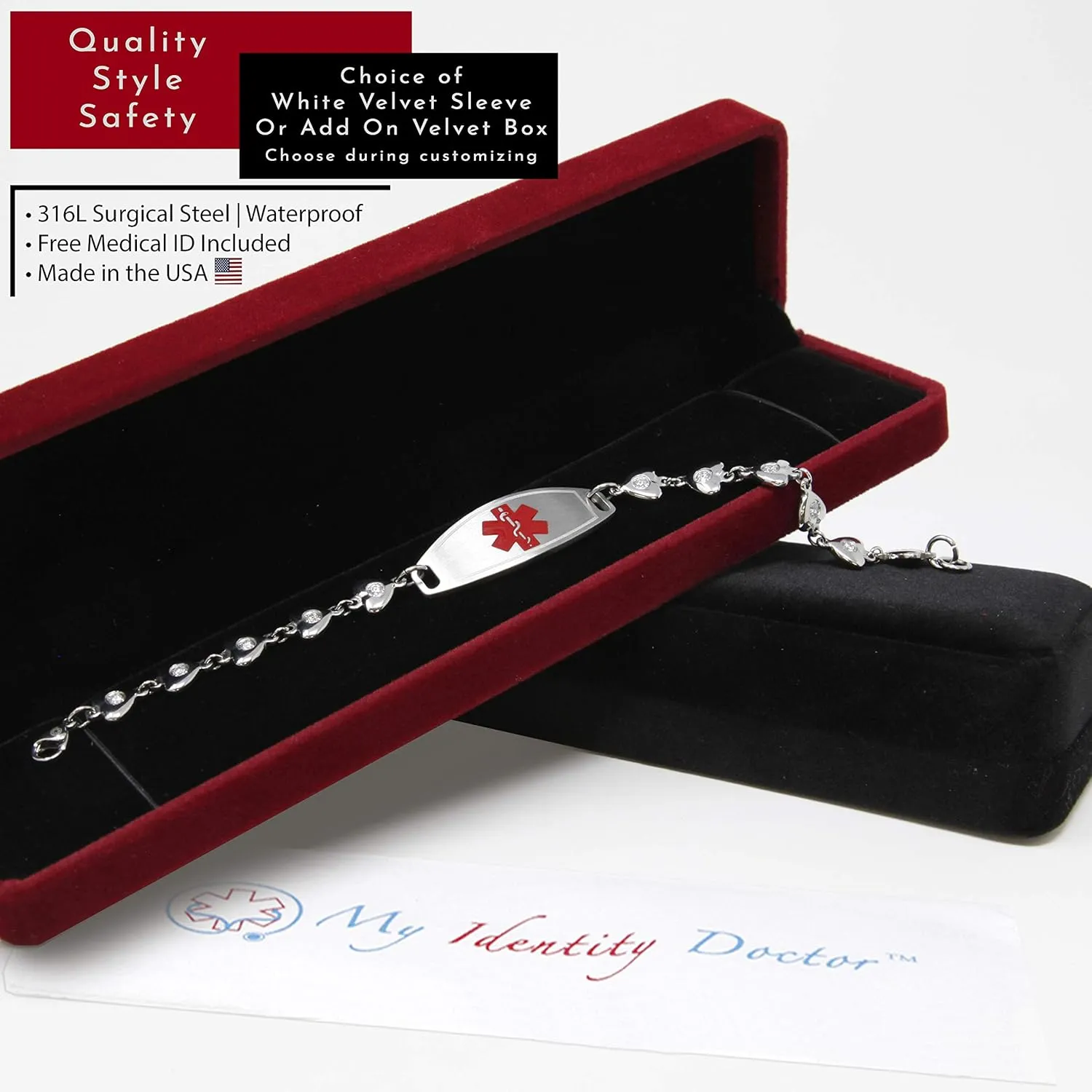 Medical Alert Bracelet for Women with Free Custom Engraving, Steel Heart-Link Chain CZ Stone, Medic ID | Made in USA