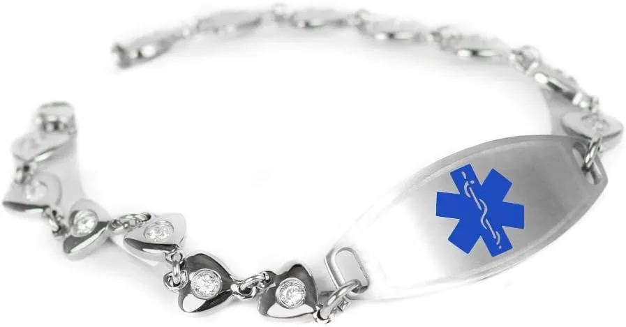 Medical Alert Bracelet for Women with Free Custom Engraving, Steel Heart-Link Chain CZ Stone, Medic ID | Made in USA