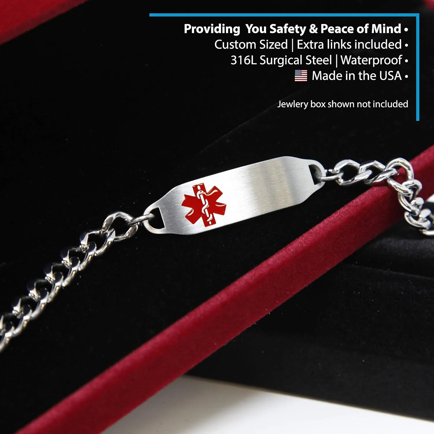 Medical Bracelet With Free Engraving, Stainless Steel and Identification Card, Curb Chain Alert | Made In USA