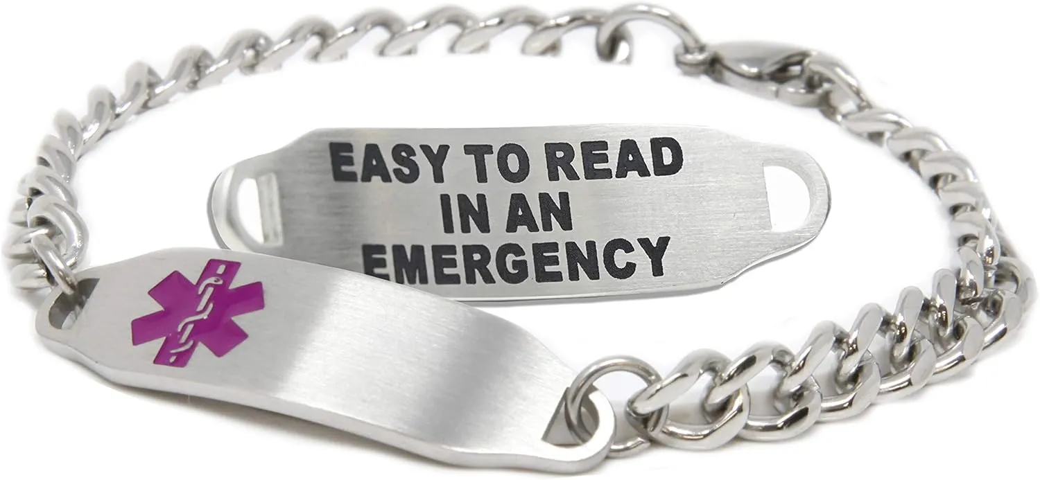 Medical Bracelet With Free Engraving, Stainless Steel and Identification Card, Curb Chain Alert | Made In USA