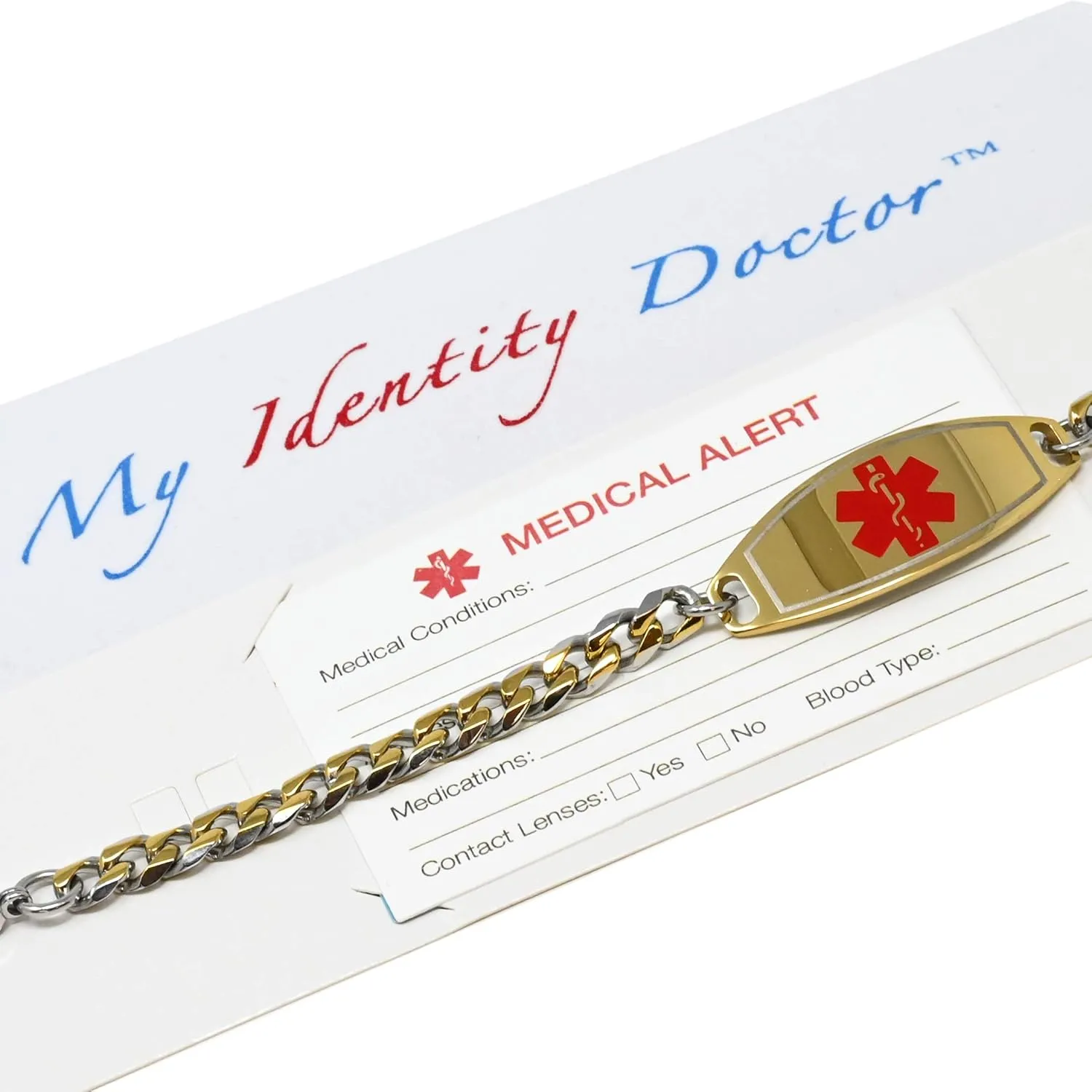 Medical ID Bracelet for Men with Free Engraving, Gold Tone Stainless Steel Personalized Identification Custom Sized 7mm Curb Chain | Made in USA