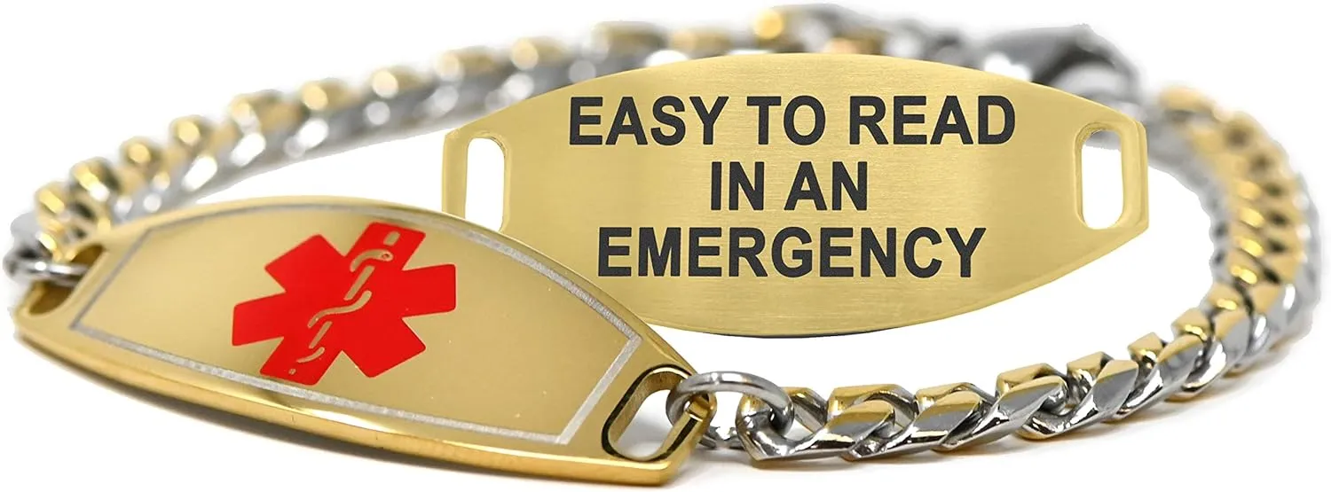 Medical ID Bracelet for Men with Free Engraving, Gold Tone Stainless Steel Personalized Identification Custom Sized 7mm Curb Chain | Made in USA