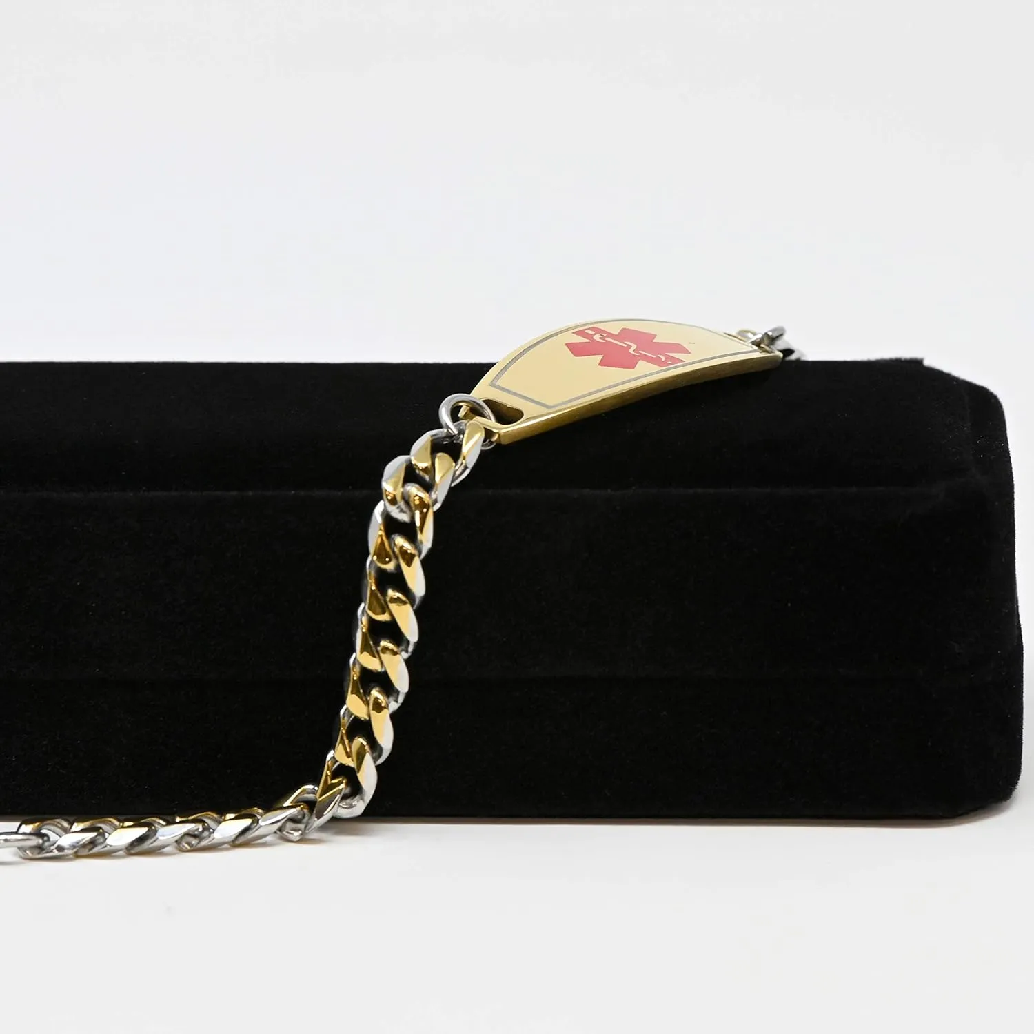 Medical ID Bracelet for Men with Free Engraving, Gold Tone Stainless Steel Personalized Identification Custom Sized 7mm Curb Chain | Made in USA