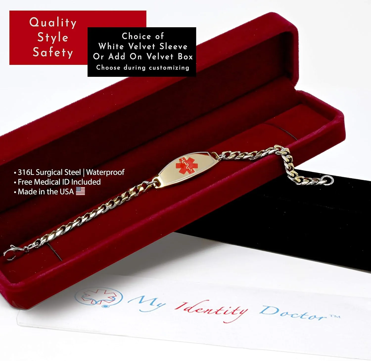 Medical ID Bracelet for Men with Free Engraving, Gold Tone Stainless Steel Personalized Identification Custom Sized 7mm Curb Chain | Made in USA