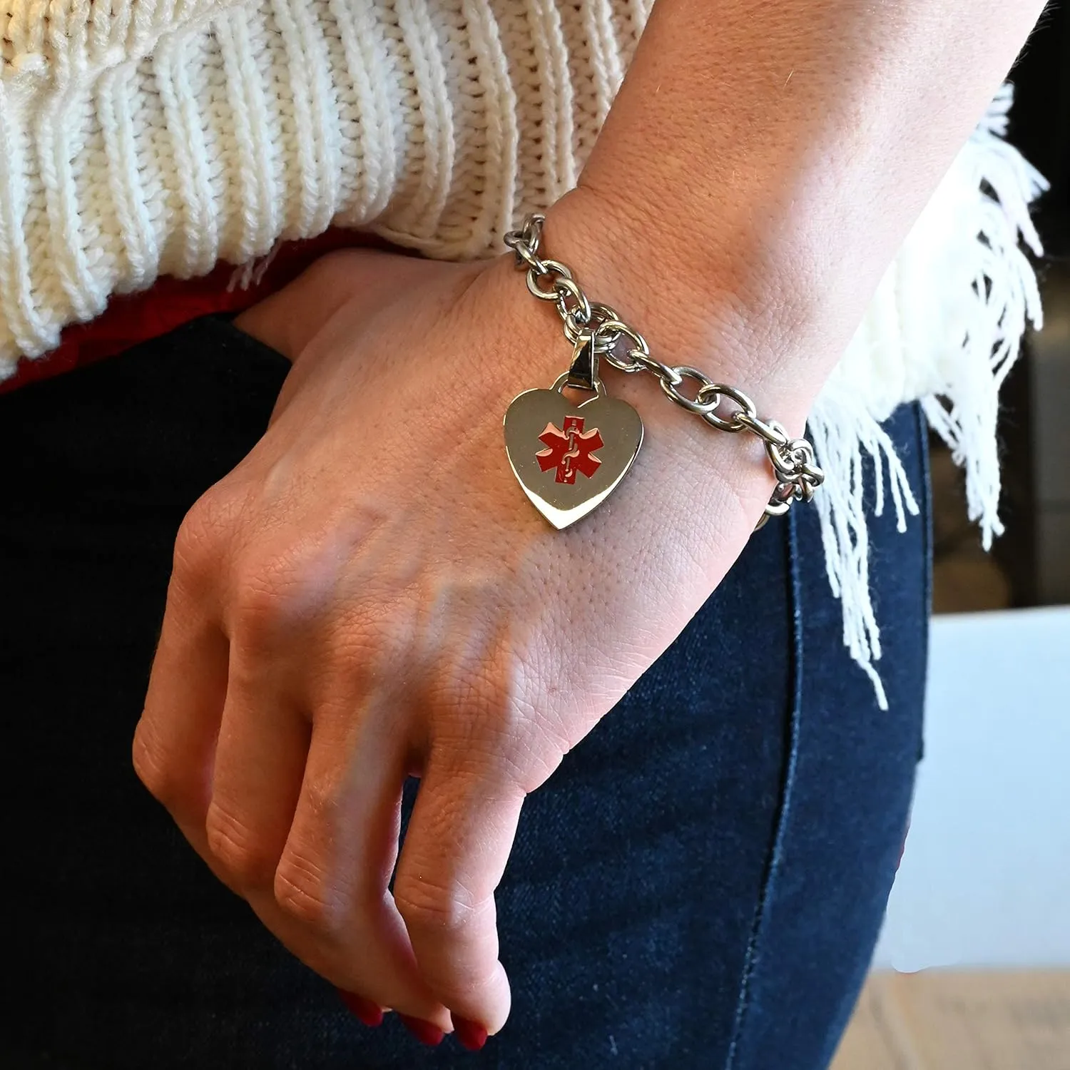 Medical Id Bracelets For Women With Free Engraving, Stainless Steel And Id Card, O-link Chain Alert