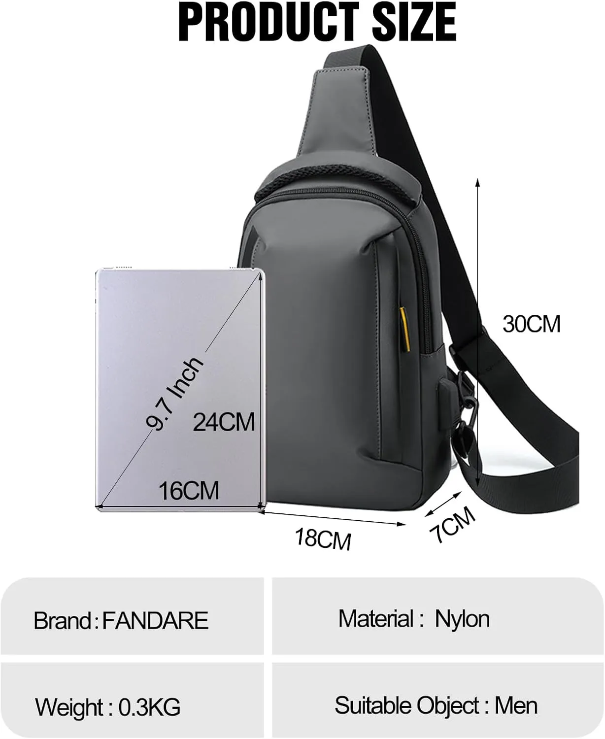Men Crossbody sling bag Chest messenger pack with USB
