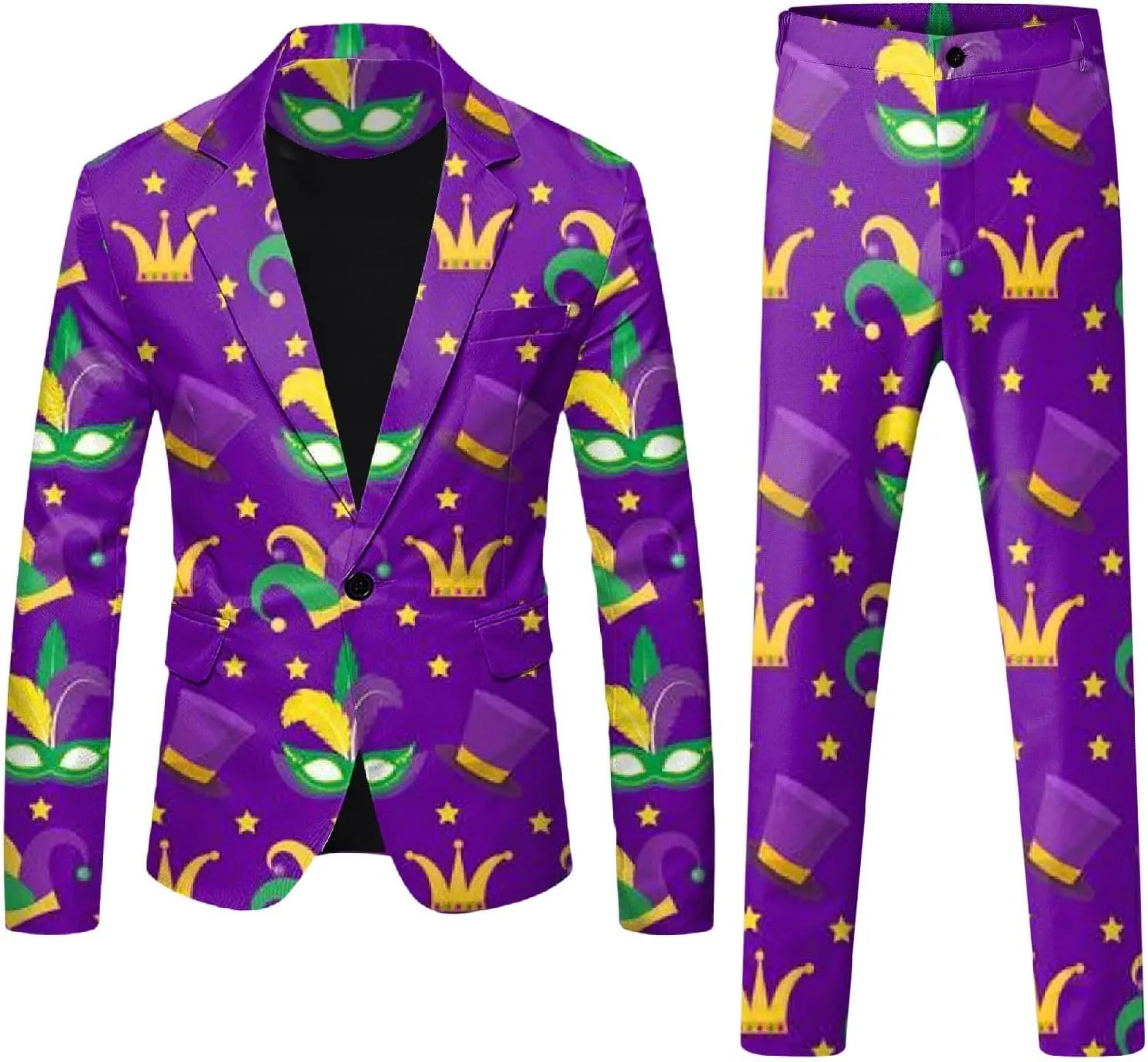 Mens 2 Piece Mardi Gras Casual Sweatsuits One Buttton Notched Lapel Party Floral Suit Jacket Dress Pants Suits Set