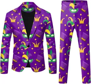 Mens 2 Piece Mardi Gras Casual Sweatsuits One Buttton Notched Lapel Party Floral Suit Jacket Dress Pants Suits Set