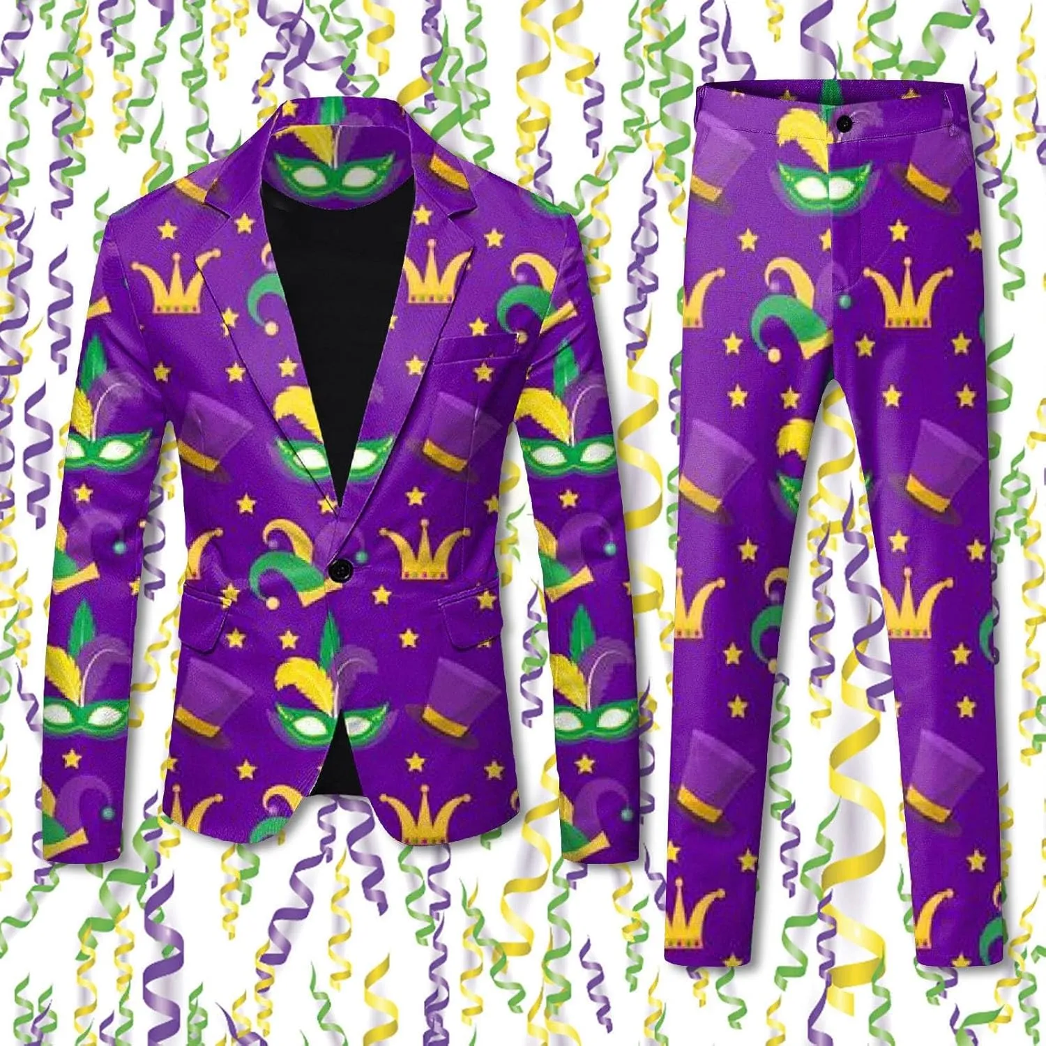 Mens 2 Piece Mardi Gras Casual Sweatsuits One Buttton Notched Lapel Party Floral Suit Jacket Dress Pants Suits Set
