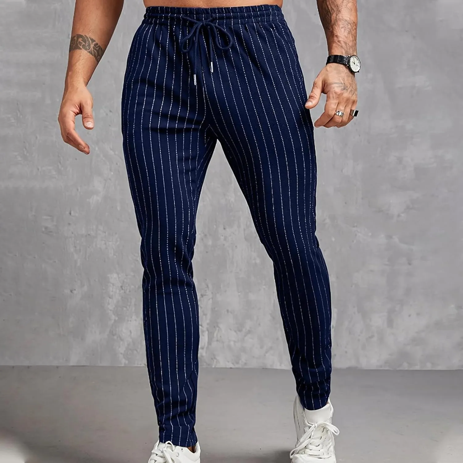 Mens Chinos Skinny Pants Solid Striped Flat Front Pants Slim Fit Stretch Casual Trousers Golf Business Dress Pants