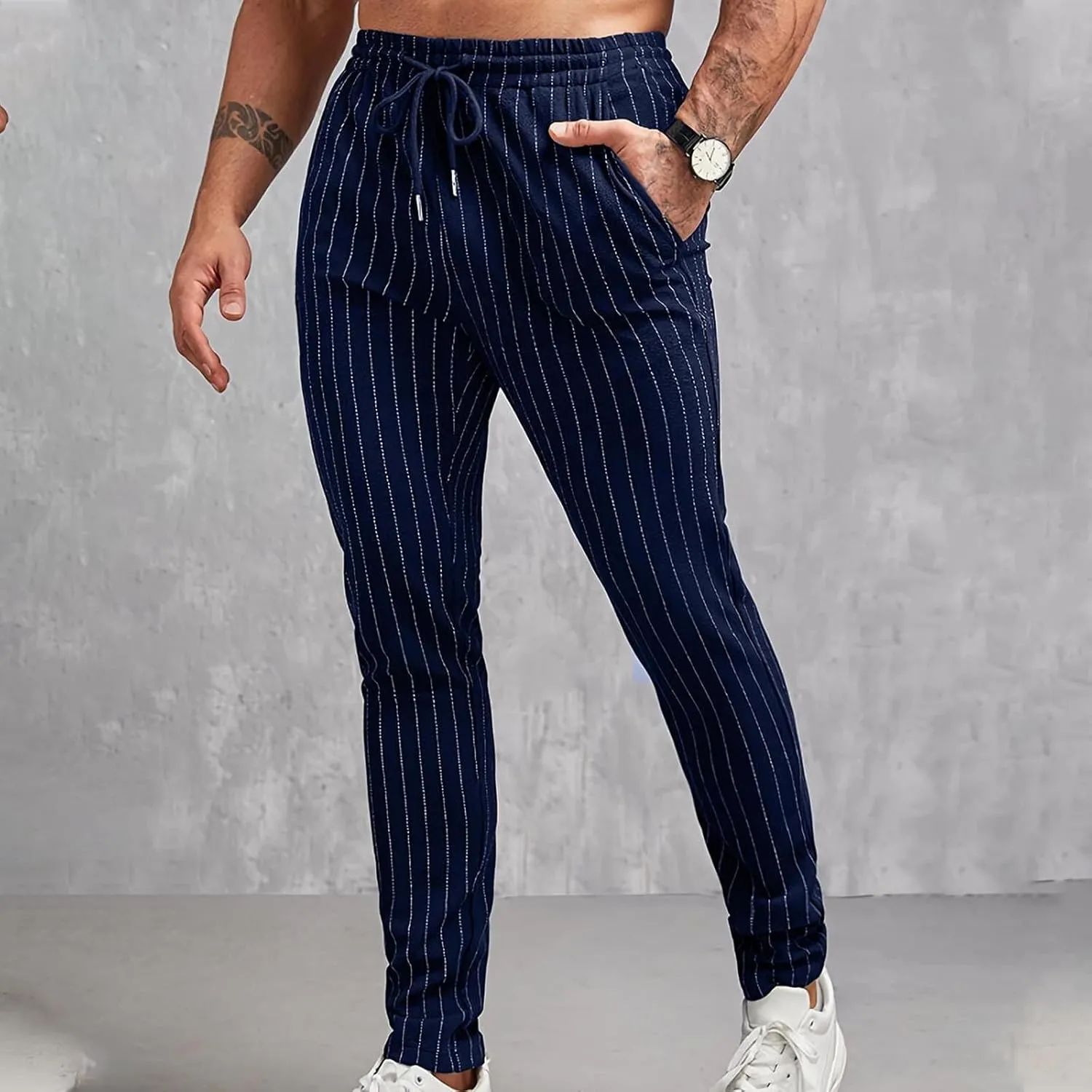 Mens Chinos Skinny Pants Solid Striped Flat Front Pants Slim Fit Stretch Casual Trousers Golf Business Dress Pants