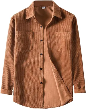 Men's Corduroy Shirts Jacket Casual Lightweight Button Down Long Sleeve Shirt Slim Fit Turn-Down Collar Ribbed Shacket