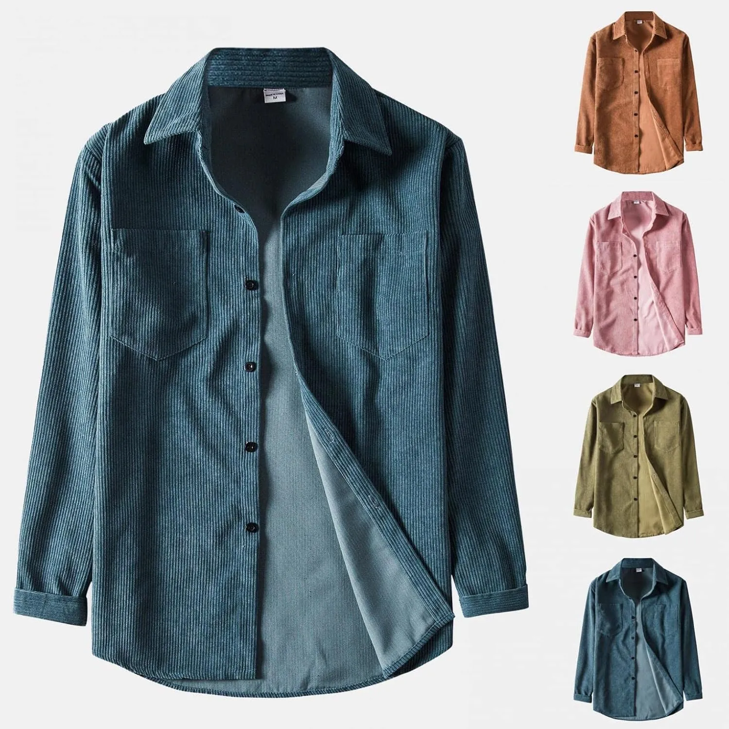 Men's Corduroy Shirts Jacket Casual Lightweight Button Down Long Sleeve Shirt Slim Fit Turn-Down Collar Ribbed Shacket