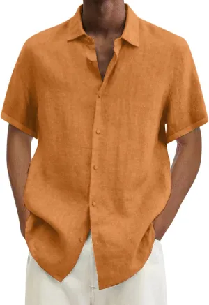 Mens Cotton Linen Shirts 2024 Summer Short Sleeve Button Down Shirts Relaxed Fit Casual Beach Tops Hawaiian Shirts