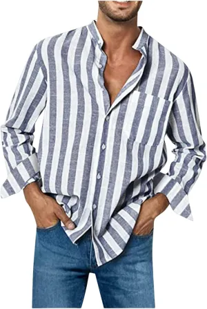 Men's Cotton Linen Shirts Casual Long Sleeve Button-Down Striped Dress Shirt Loose Fit Comfy Shirts
