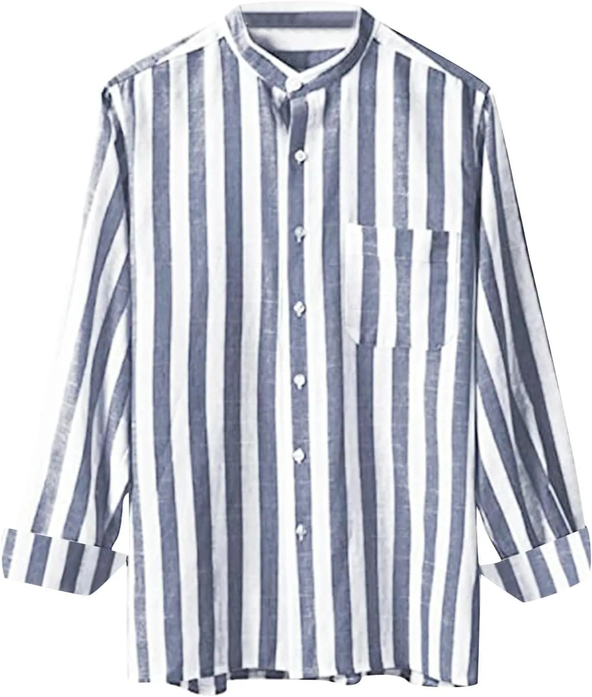Men's Cotton Linen Shirts Casual Long Sleeve Button-Down Striped Dress Shirt Loose Fit Comfy Shirts
