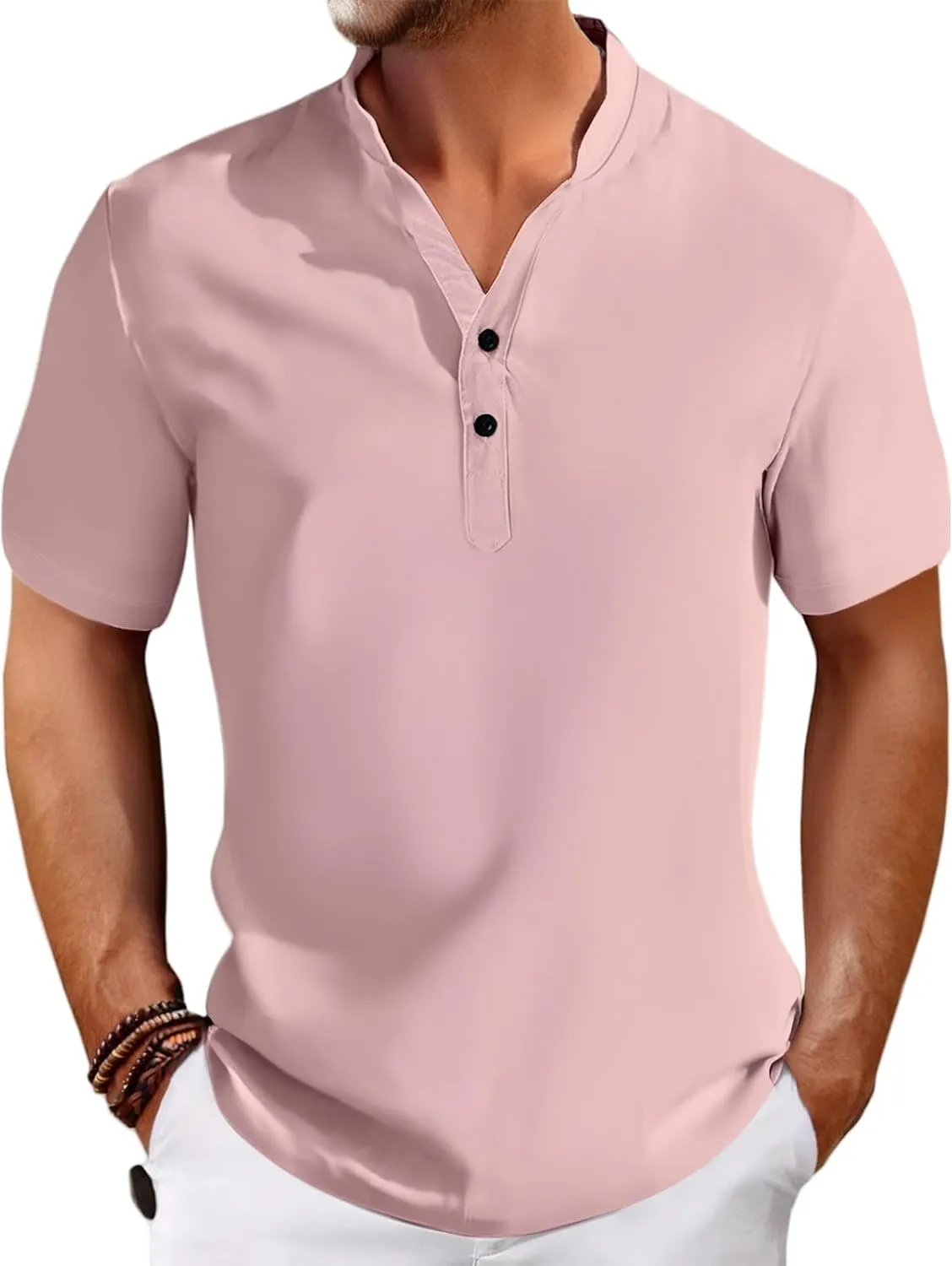 Men's Cotton Linen Shirts Two Button Stand Collar Shirts Solid Short Sleeve Striped Tees Summer Fashion T Shirts