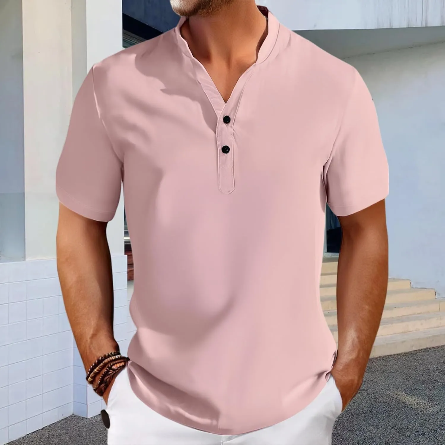 Men's Cotton Linen Shirts Two Button Stand Collar Shirts Solid Short Sleeve Striped Tees Summer Fashion T Shirts